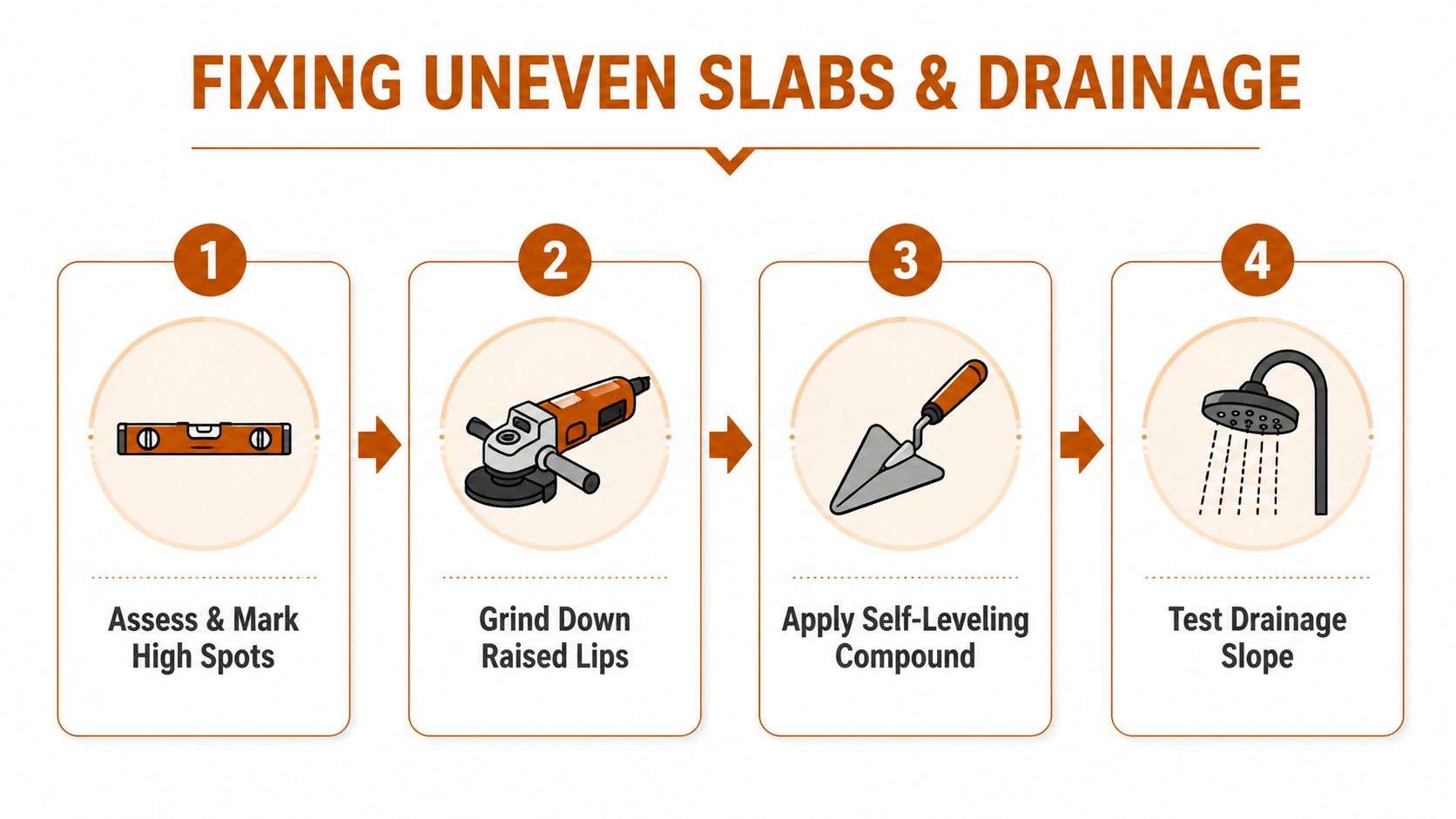 A four-step infographic showing how to fix uneven concrete slabs and improve drainage using tools.