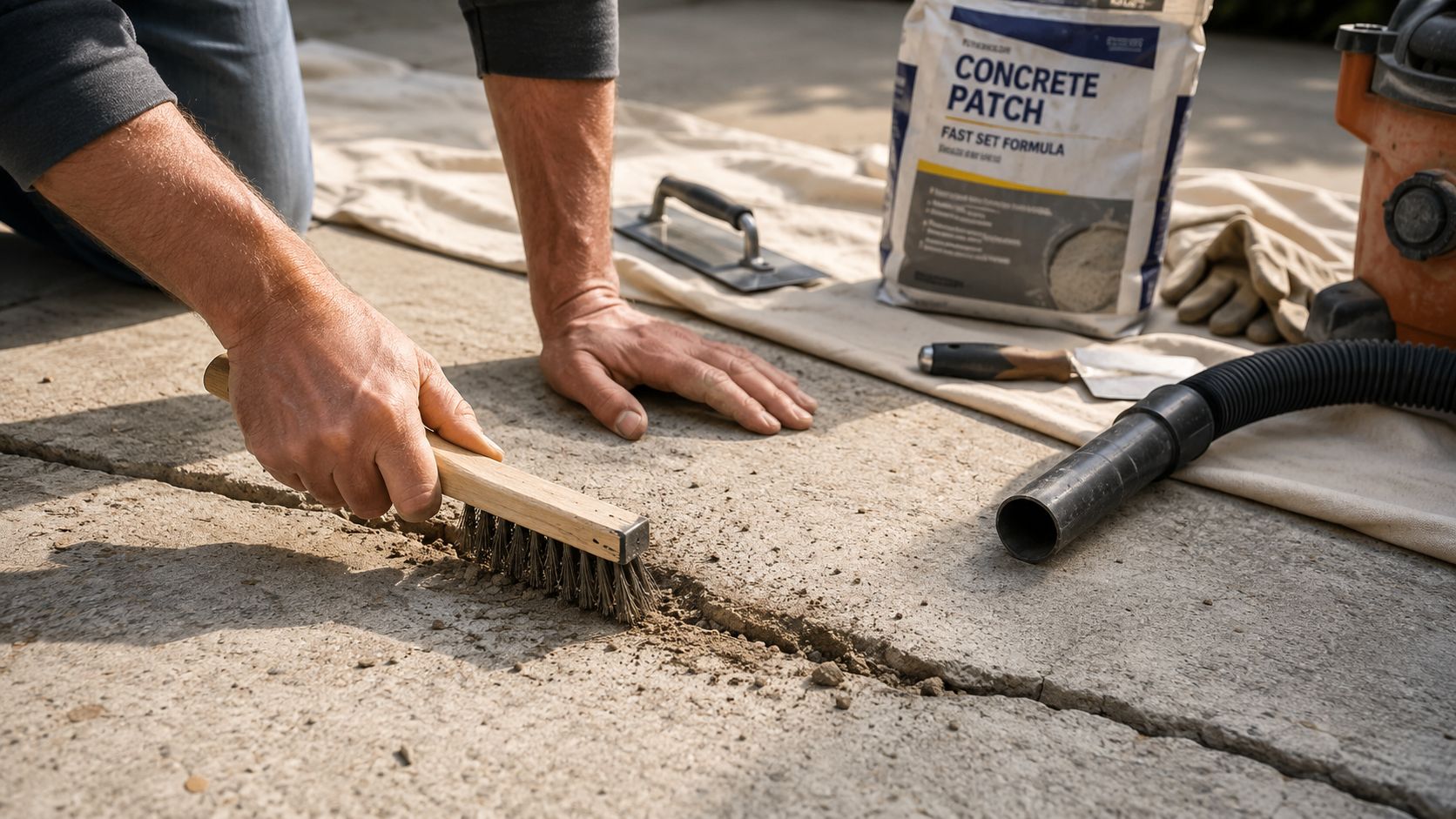 A person kneeling on a concrete driveway cleaning a deep crack with a wire brush for repair.