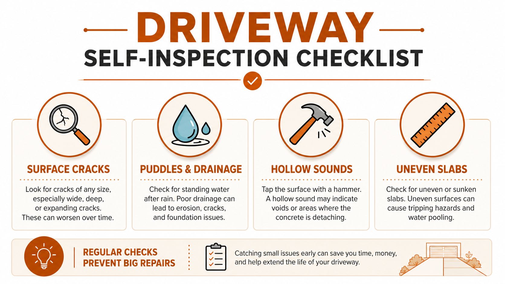 A driveway self-inspection checklist infographic illustrating how to check for cracks, drainage, hollow sounds, and uneven slabs.