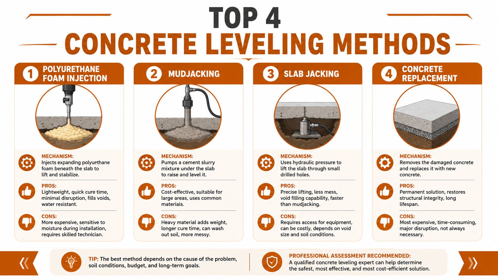 A comparison infographic showing four professional methods for leveling concrete, including foam injection, mudjacking, slab jacking, and replacement.