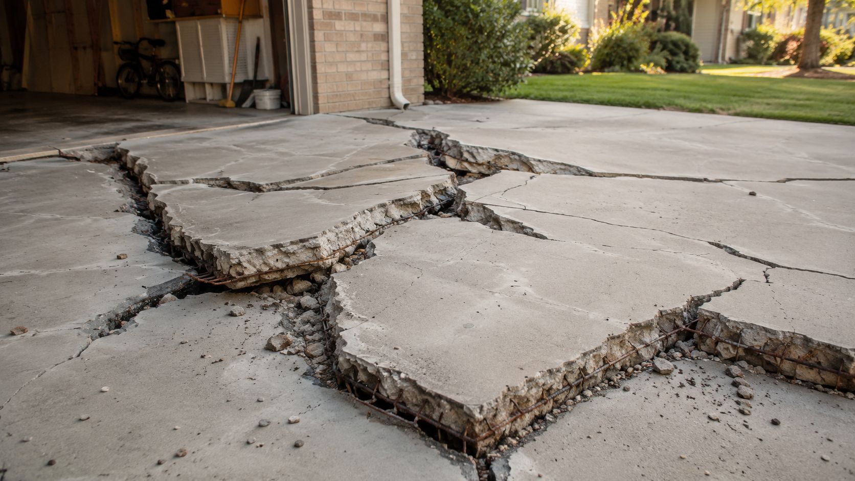 A severely cracked and broken concrete driveway showing exposed rusted steel rebar in front of a garage.