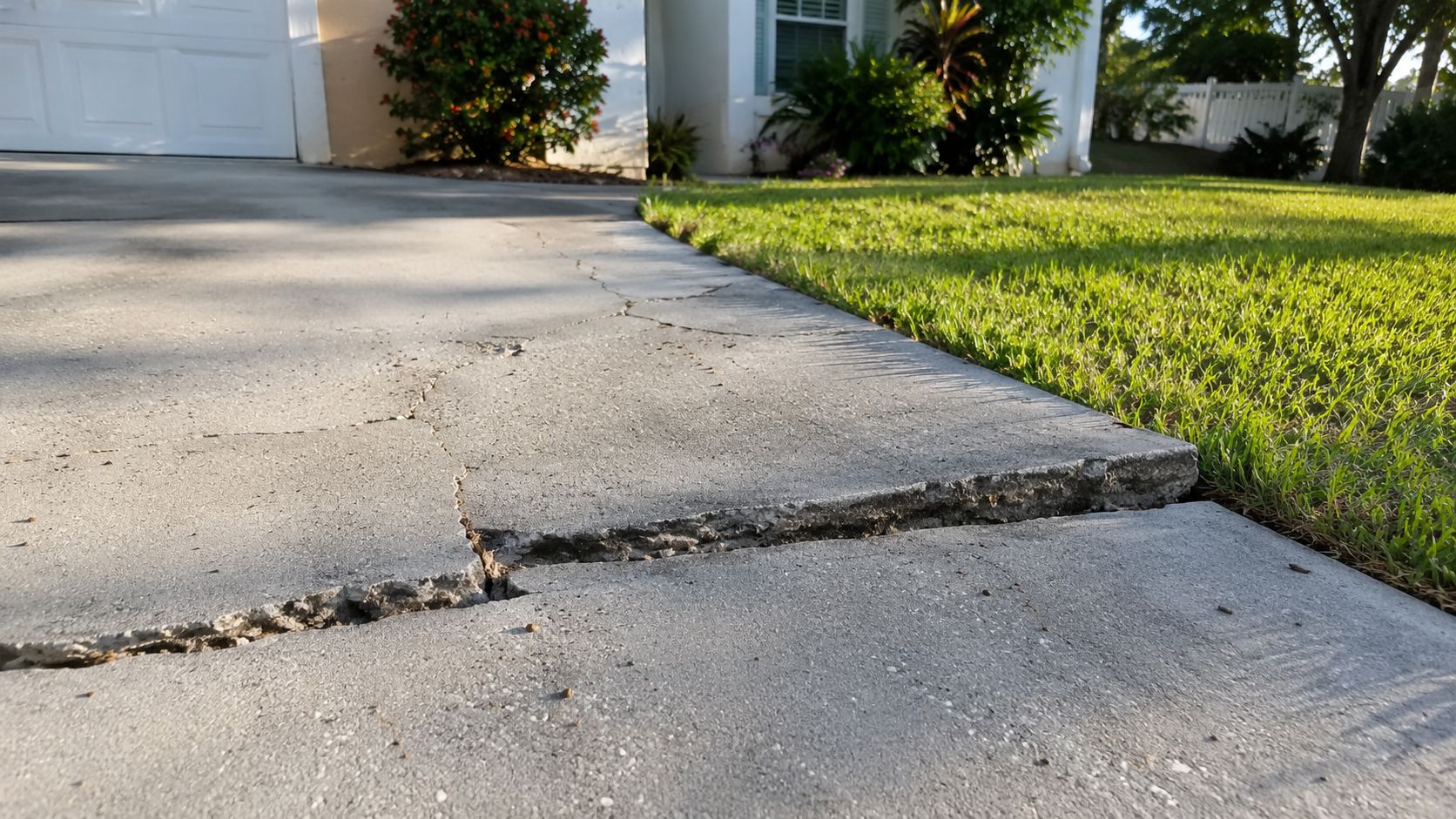 A close-up view of a cracked and settled concrete driveway slab requiring professional repair solutions.