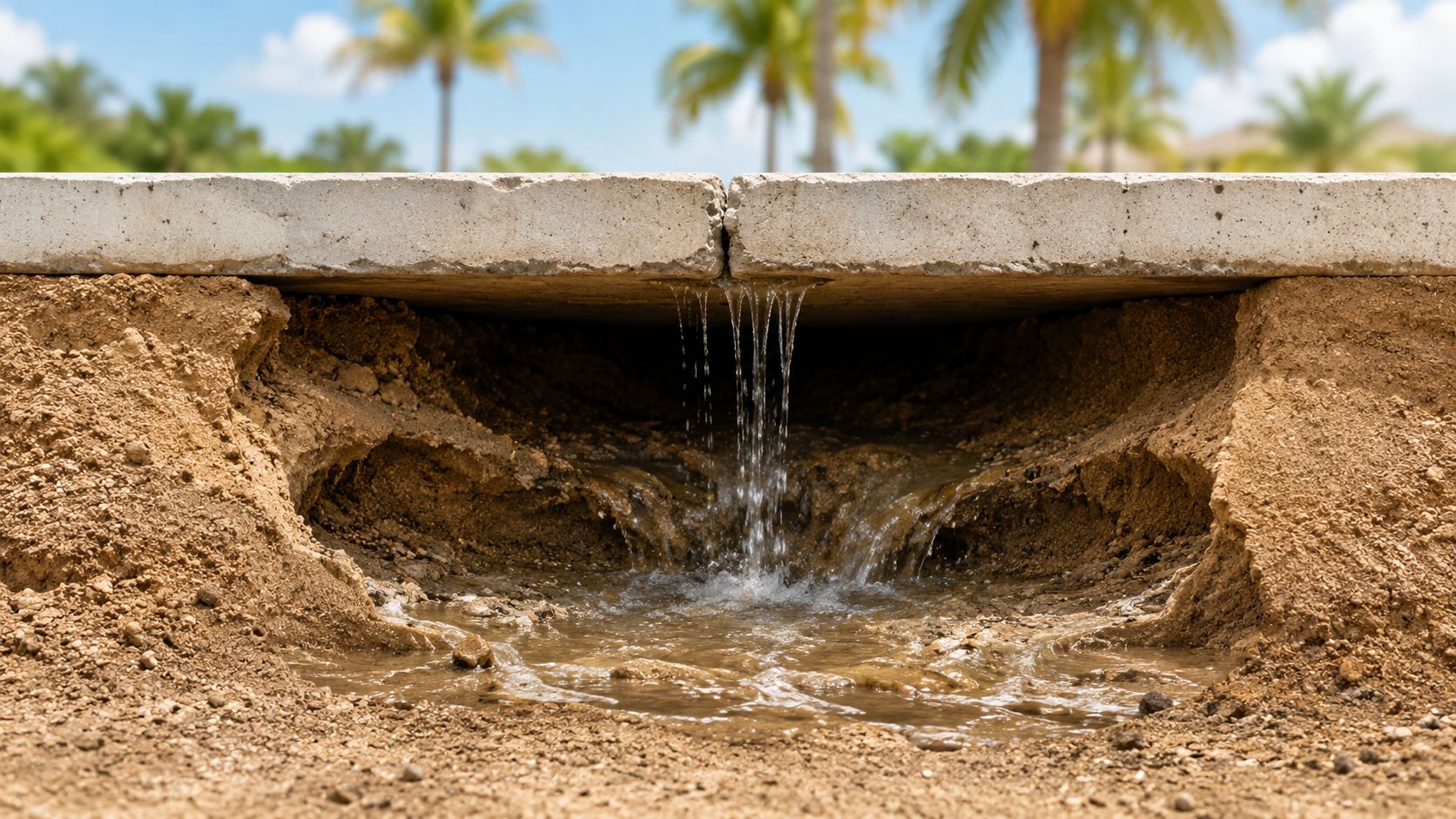 A close-up view of a cracked concrete slab with water leaking into a washed-out dirt foundation below.