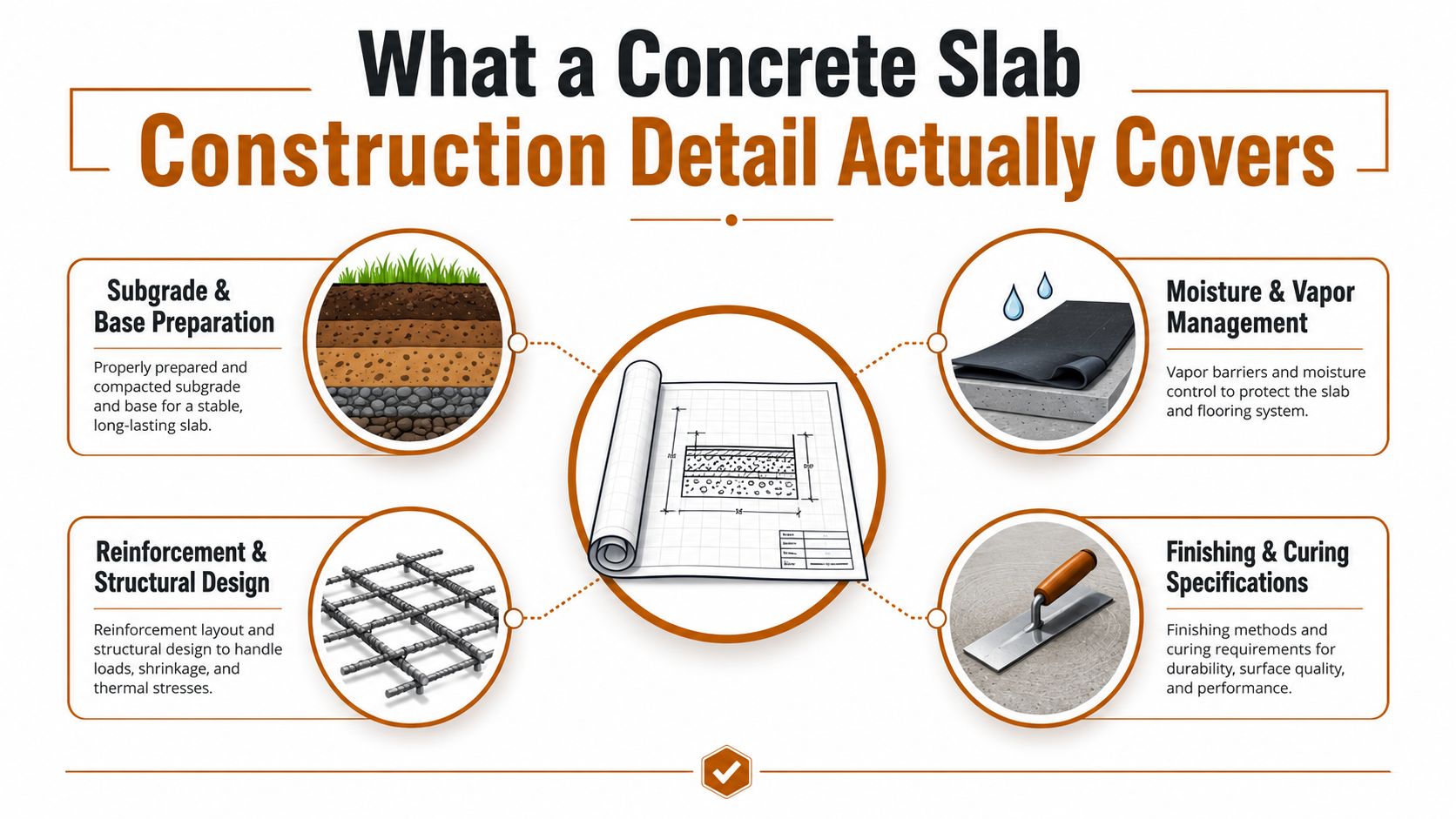 An infographic showing four key components of a concrete slab construction detail, including subgrade, reinforcement, vapor management, and curing.