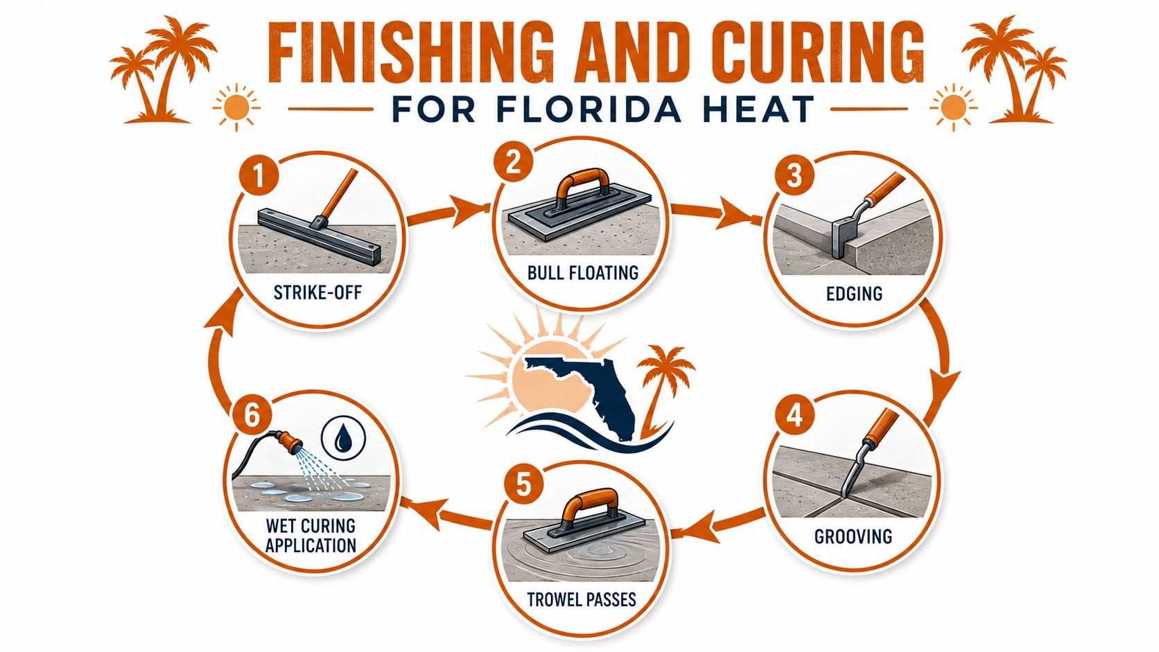 A circular infographic detailing the six steps of finishing and curing concrete for Florida heat.