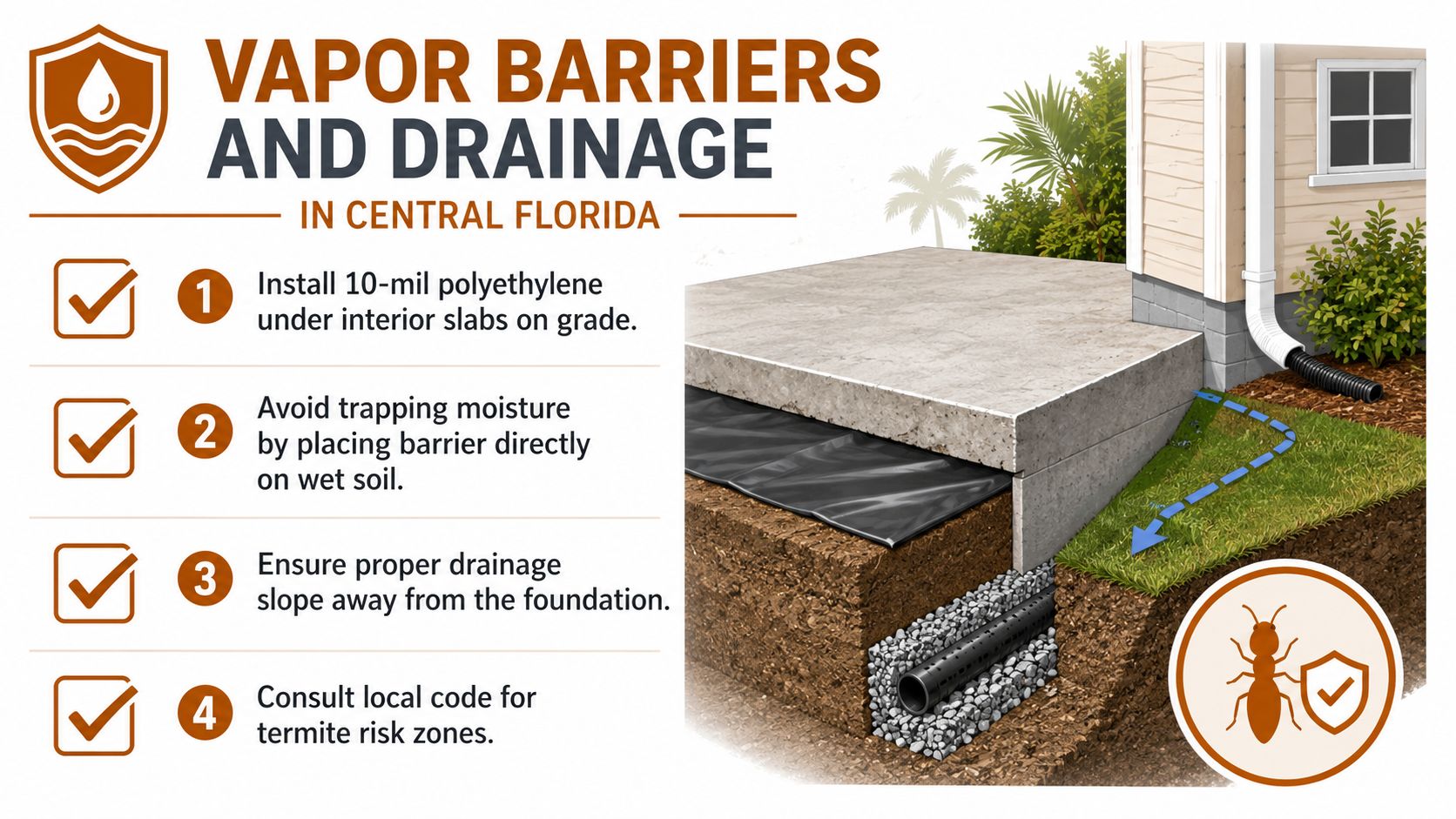 A diagram illustrating proper vapor barrier installation and foundation drainage techniques for concrete slab construction in Florida.
