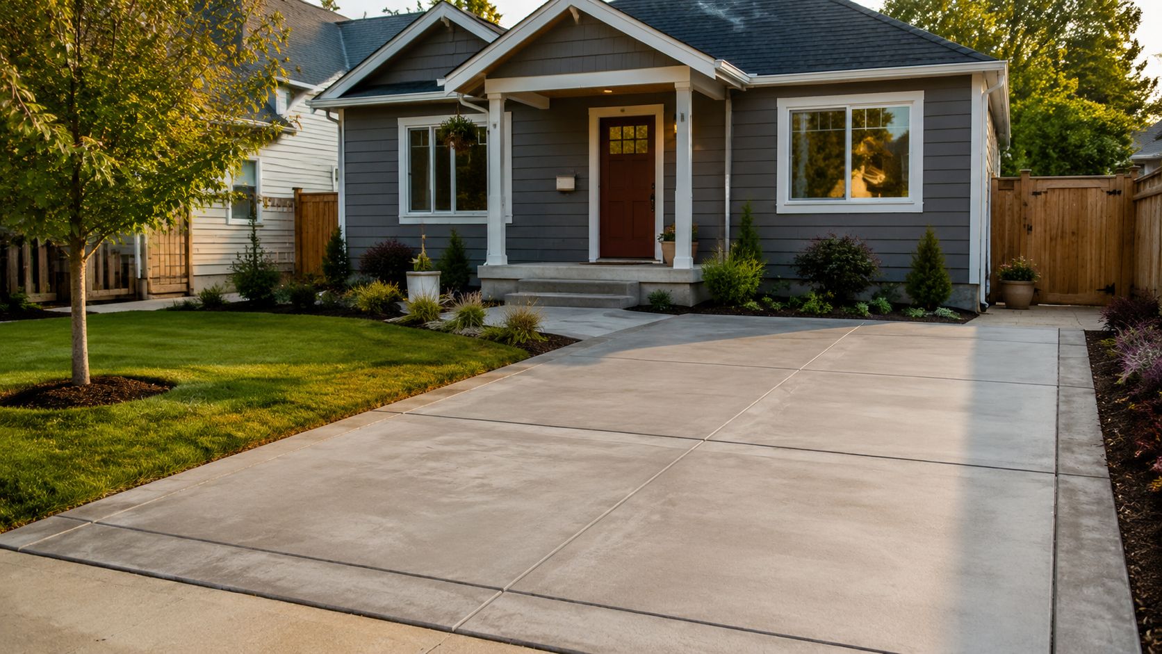 A clean modern house with a newly poured smooth concrete driveway and manicured front lawn landscaping.