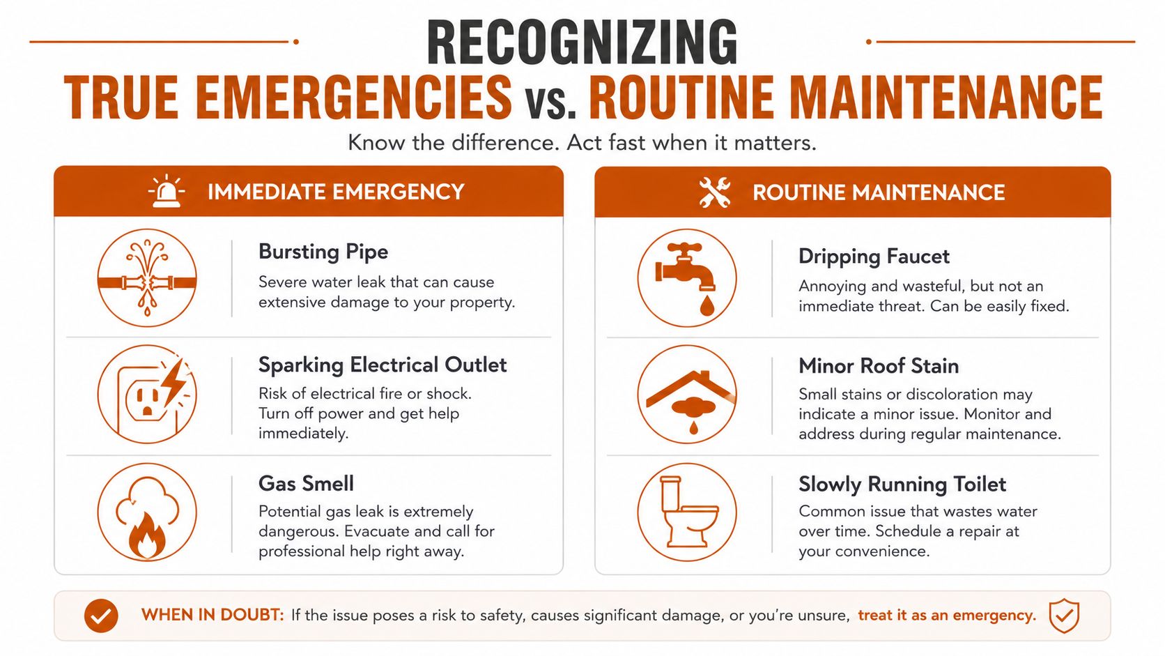 An infographic showing the difference between immediate maintenance emergencies and routine household repairs for home safety.