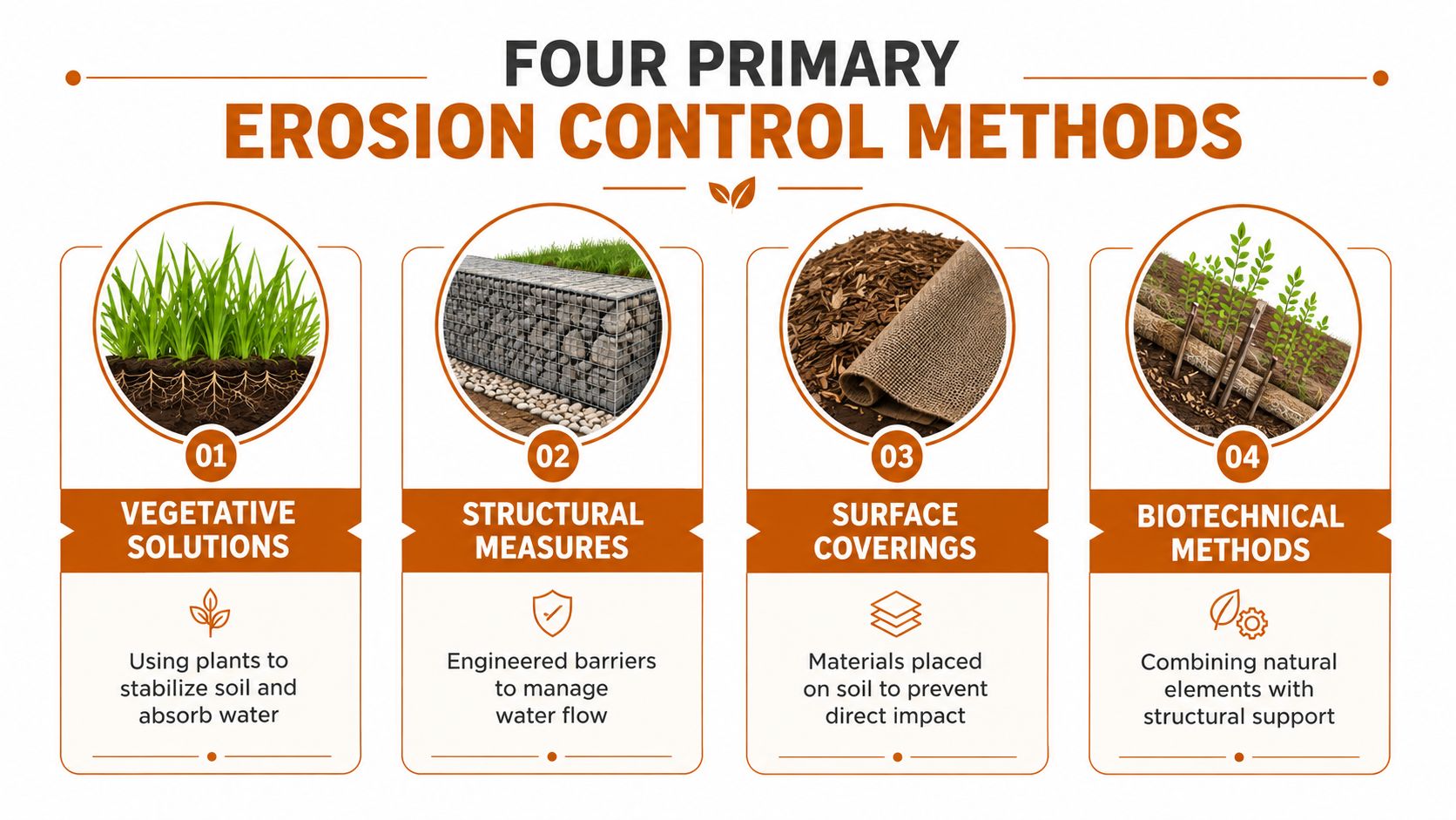 An infographic detailing four primary erosion control methods including vegetation, structures, surface coverings, and biotechnical techniques.