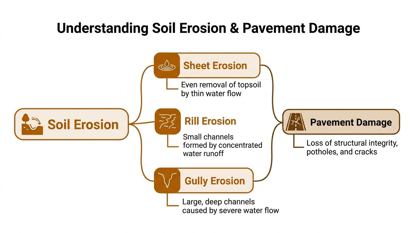 A flowchart illustrating how different types of soil erosion like sheet, rill, and gully lead to pavement damage.