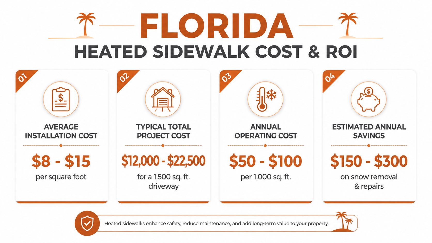 An infographic showing the installation costs, operating expenses, and potential annual savings for heated sidewalk projects in Florida.