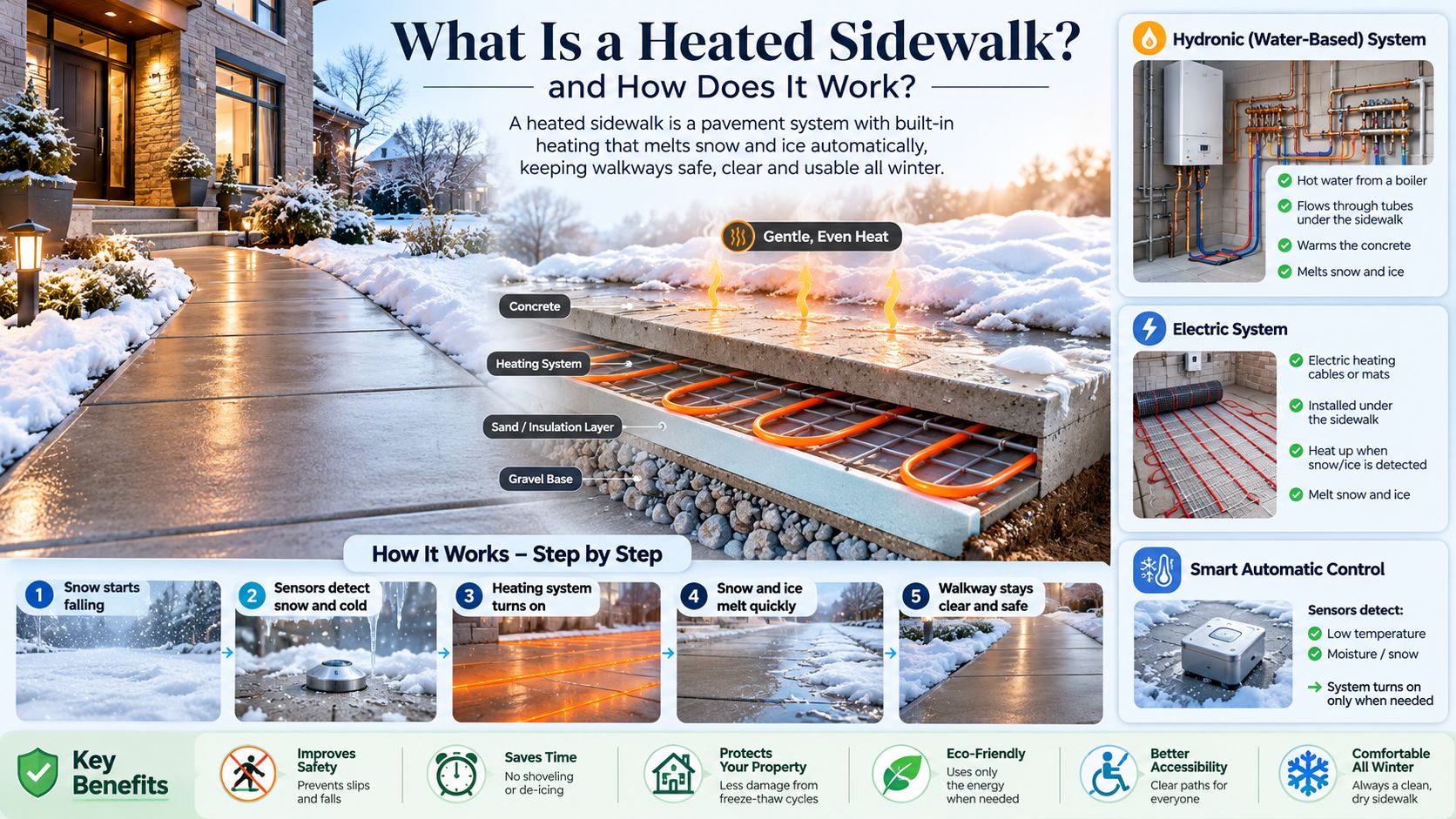 An infographic detailing how hydronic and electric heated sidewalk systems melt snow and ice automatically.