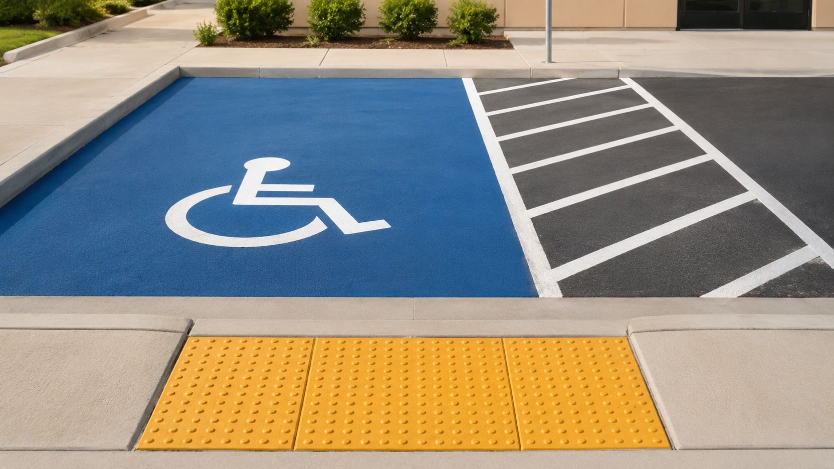 A handicap accessible parking spot with blue pavement marking and yellow tactile paving tiles for safety.