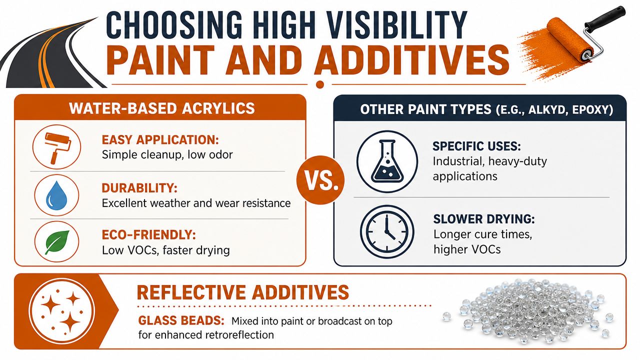 An infographic comparing water-based acrylics and other paint types for high visibility applications with reflective glass beads.