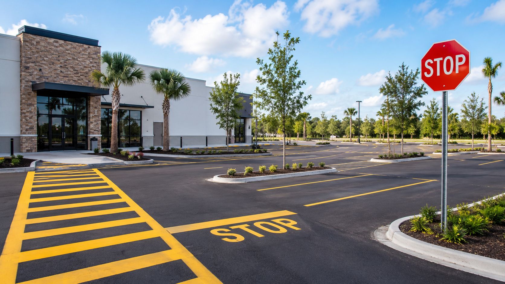 A modern retail parking lot featuring yellow striped crosswalks and a prominent stop sign on a sunny day.