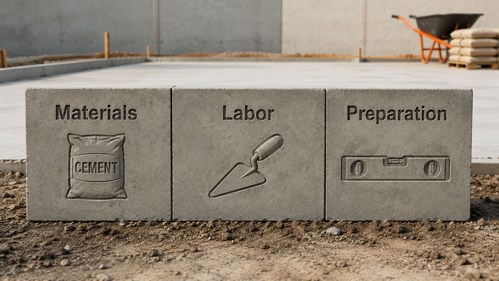 Three concrete blocks showing icons for construction materials, labor, and preparation on a building site.