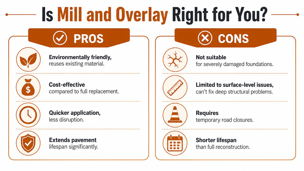 An infographic comparing the pros and cons of using the mill and overlay method for pavement repair.