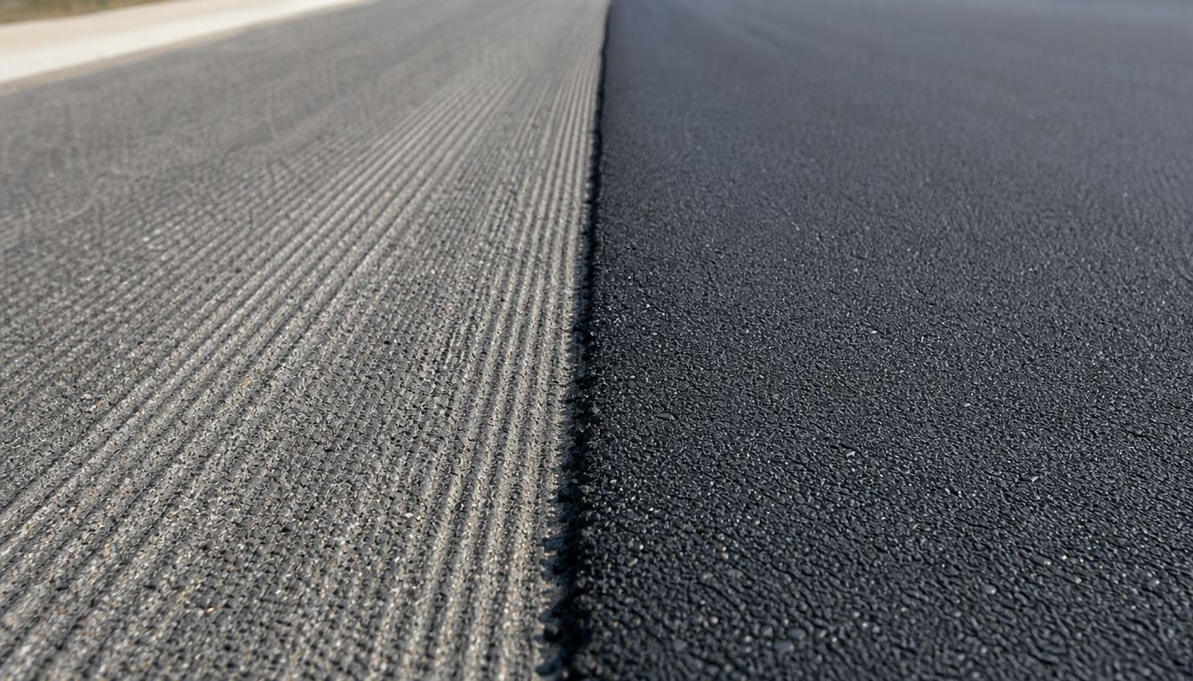 A close-up view showing the contrast between milled road surface and newly laid fresh asphalt pavement.