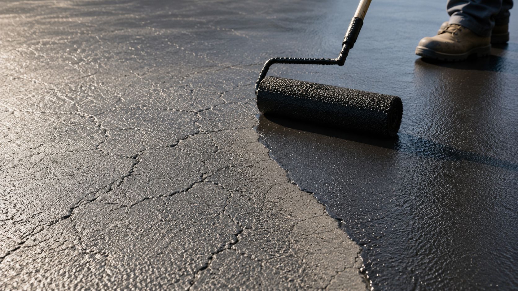 A construction worker uses a roller to apply fresh black sealant over cracked asphalt driveway pavement.