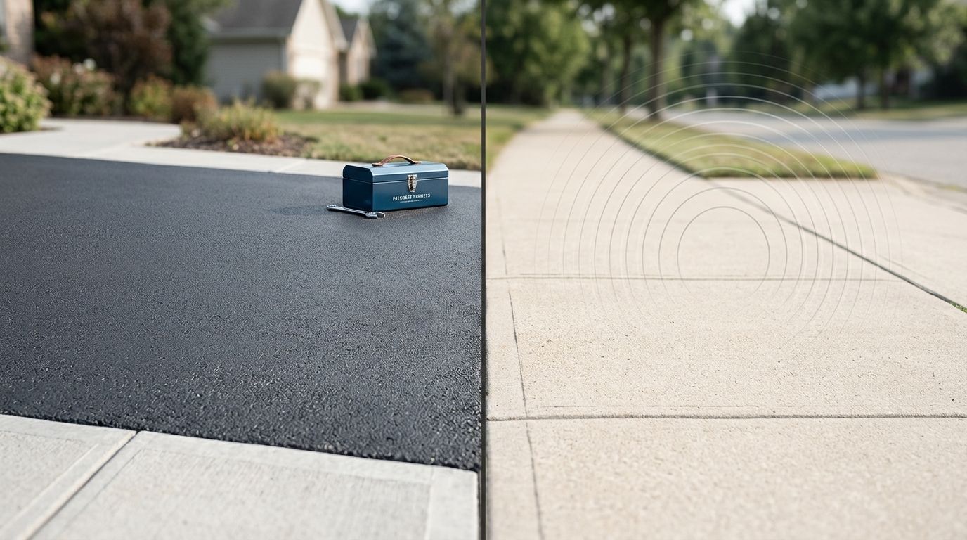 A split screen comparing a dark asphalt driveway with tools and a bright suburban sidewalk with soundwaves.