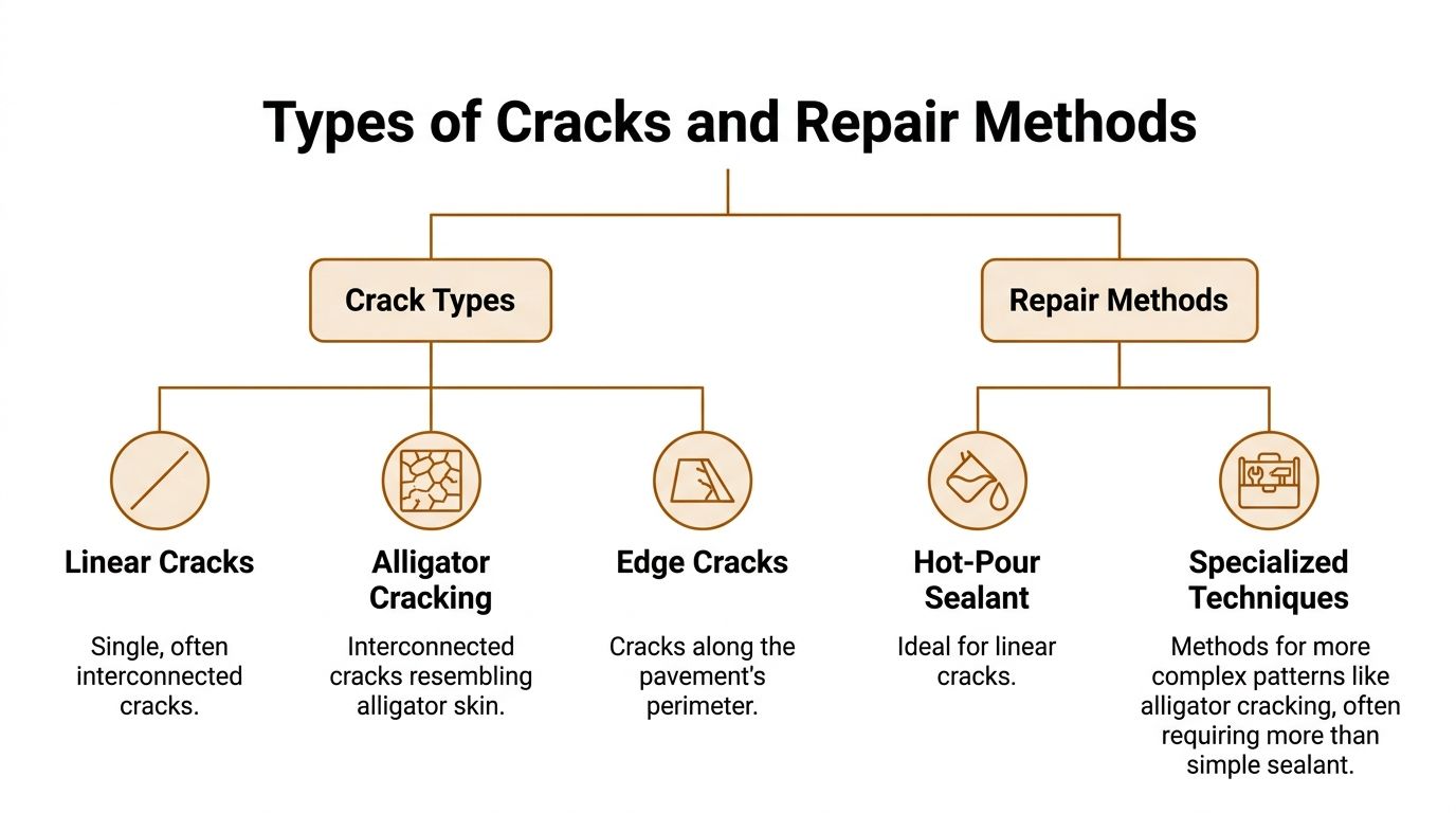 A diagram illustrating three common types of pavement cracks and two corresponding methods for repairing them.