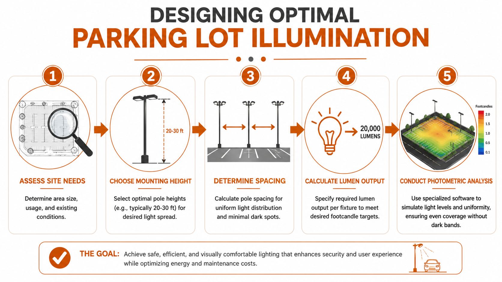 An infographic showing the five-step process for designing optimal parking lot illumination for better safety and efficiency.