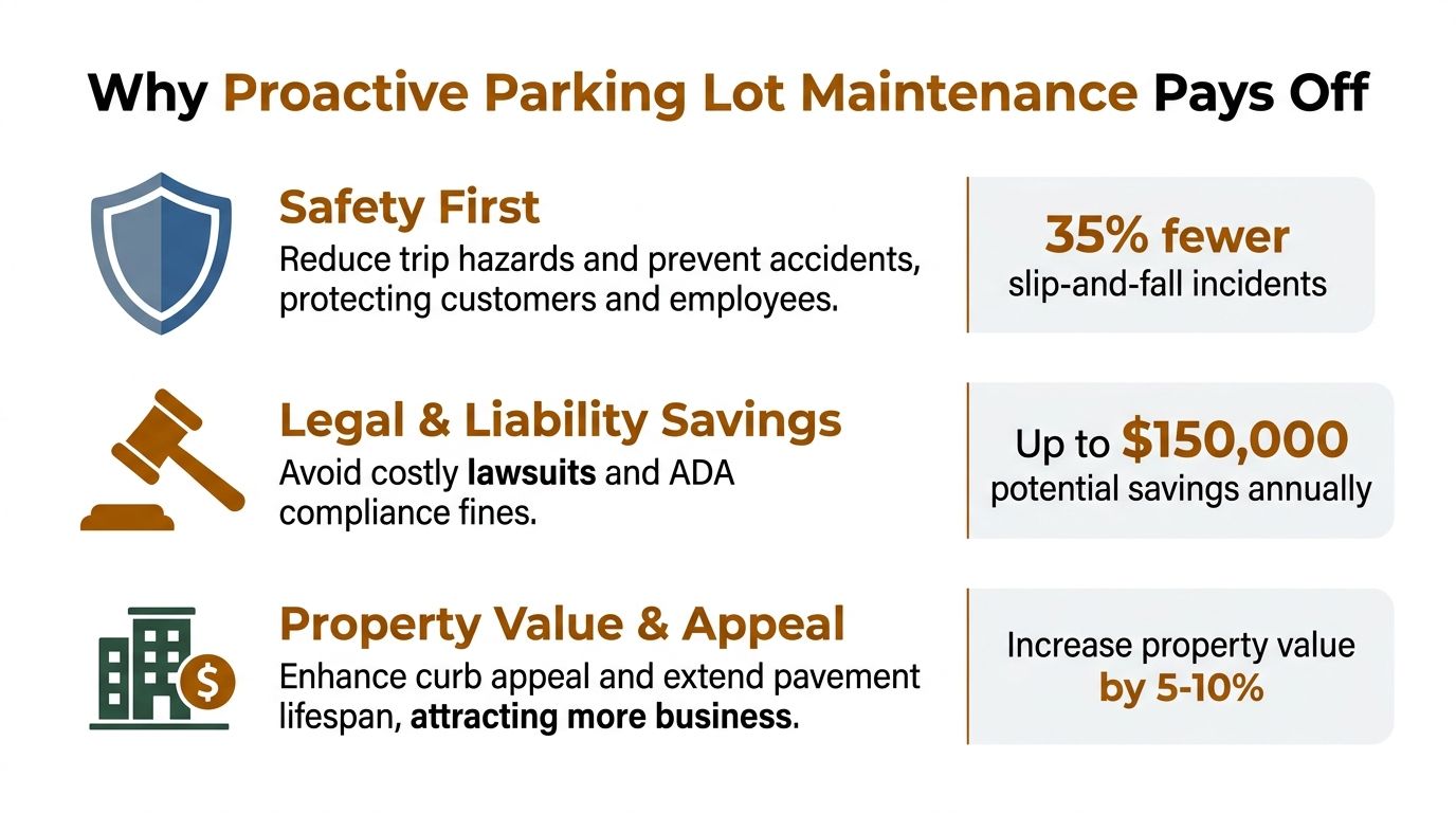 An infographic highlighting the benefits of proactive parking lot maintenance for safety, legal savings, and property value.