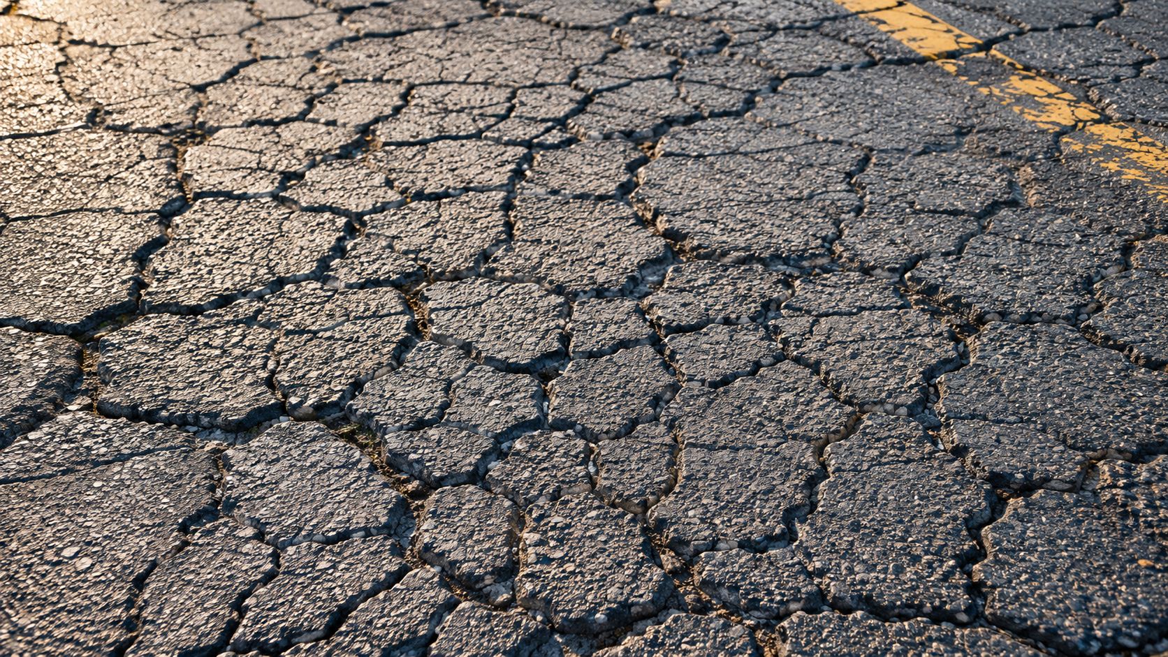 Close up view of severely cracked asphalt pavement in a parking lot with a faded yellow line.