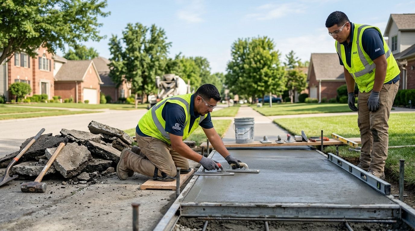 Two construction workers kneeling and standing while smoothing fresh concrete on a residential sidewalk repair project.