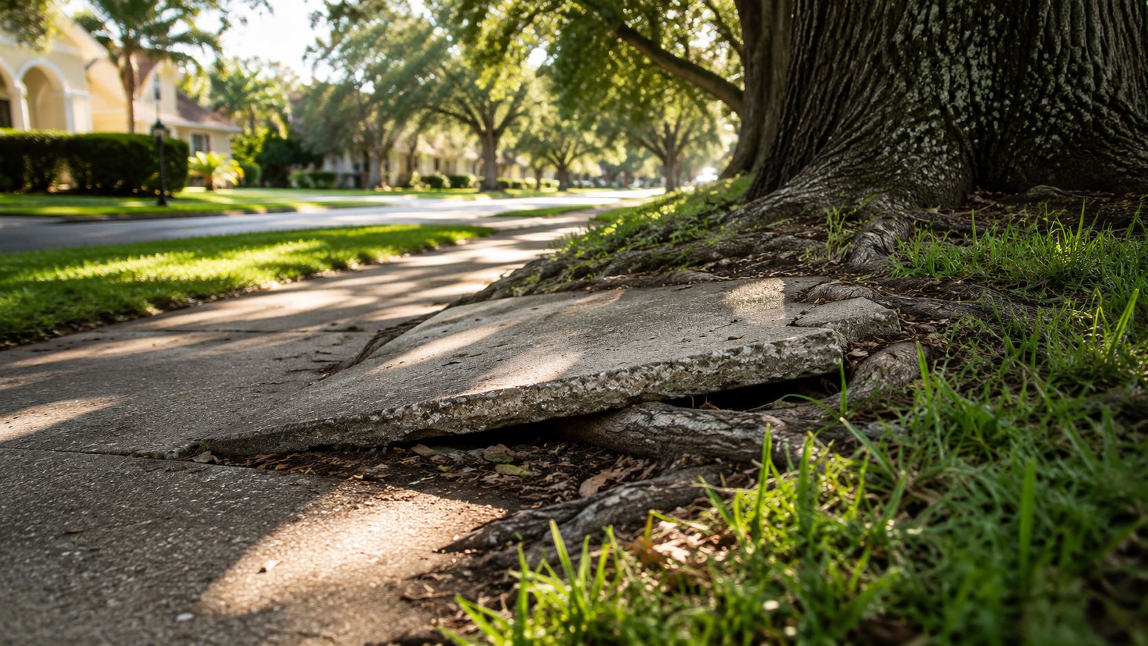 A concrete sidewalk slab being lifted and broken by thick tree roots in a residential neighborhood.