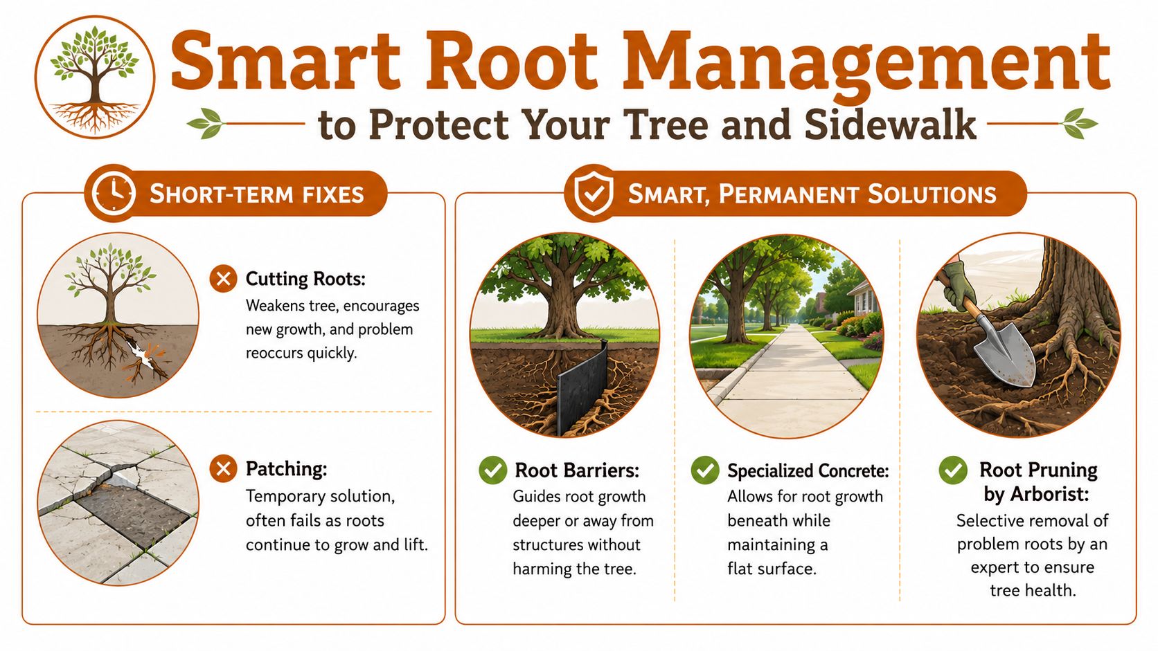 An infographic comparing short-term versus permanent solutions for managing tree roots under public sidewalks.