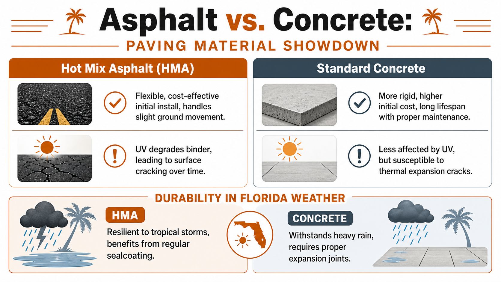 An infographic comparing the pros and cons of using asphalt versus concrete for paving in Florida.