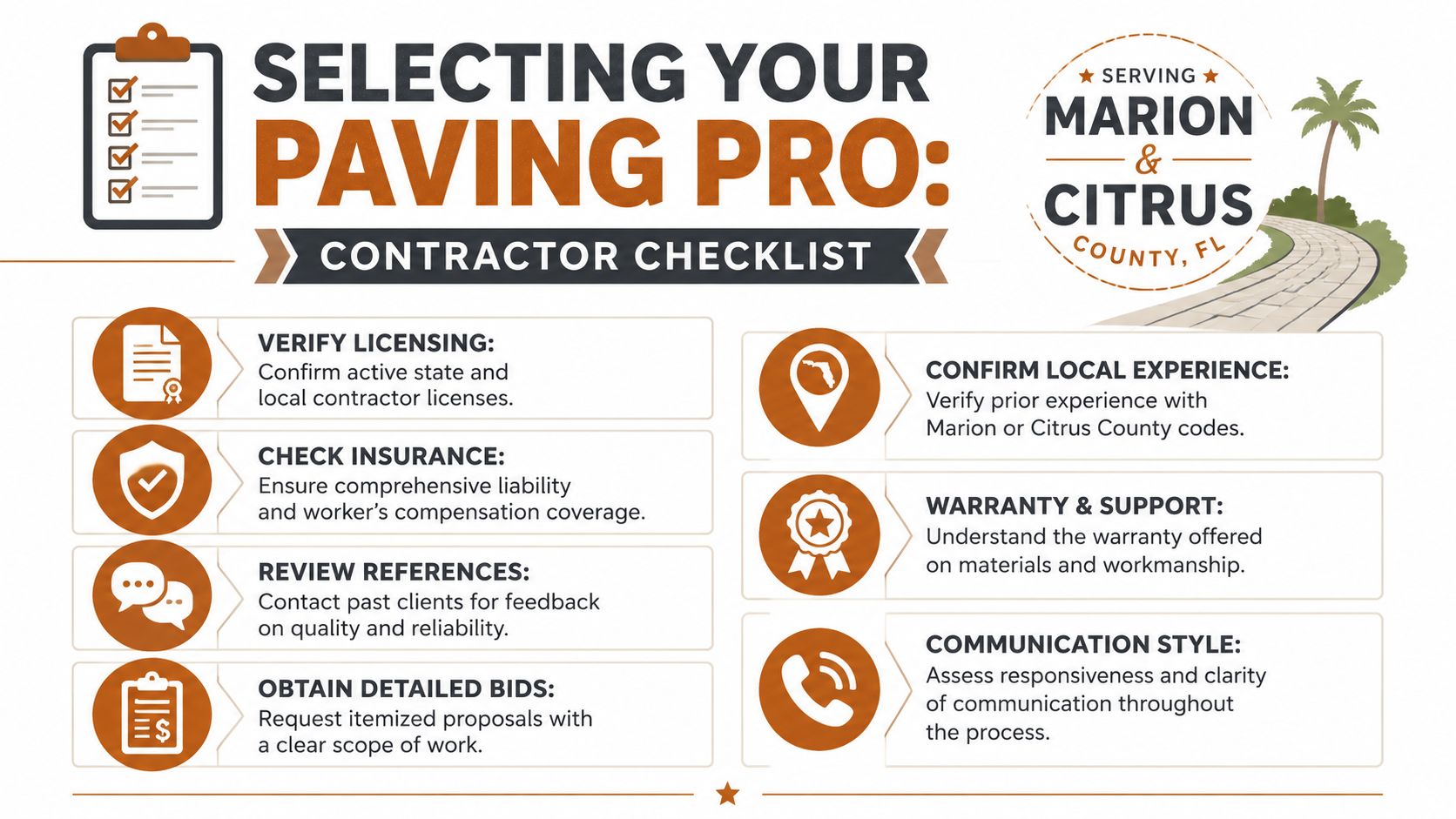 A contractor checklist infographic for choosing a paving professional in Marion and Citrus County, Florida.