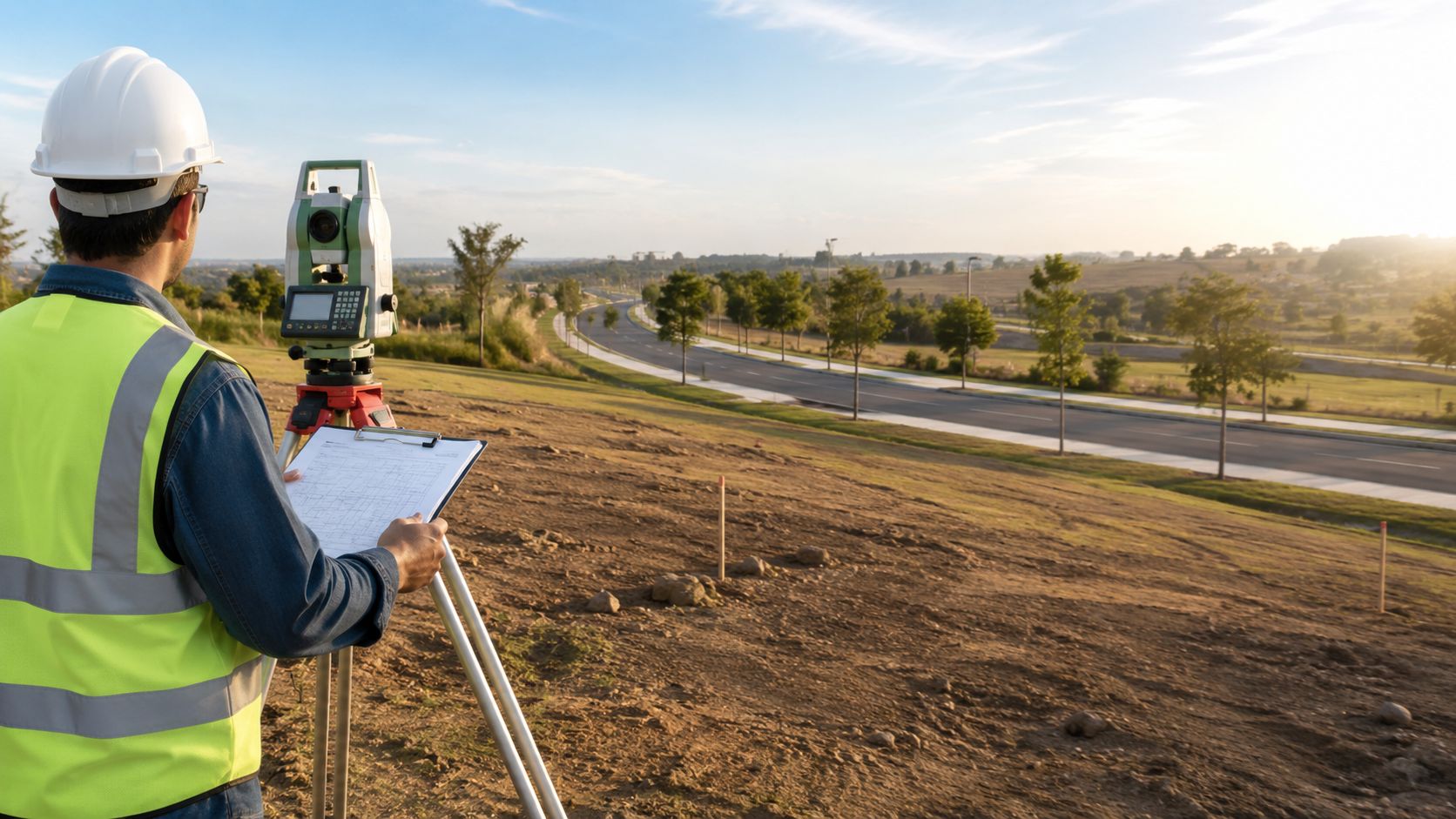 A surveyor using a total station device to measure land next to an asphalt road construction site.
