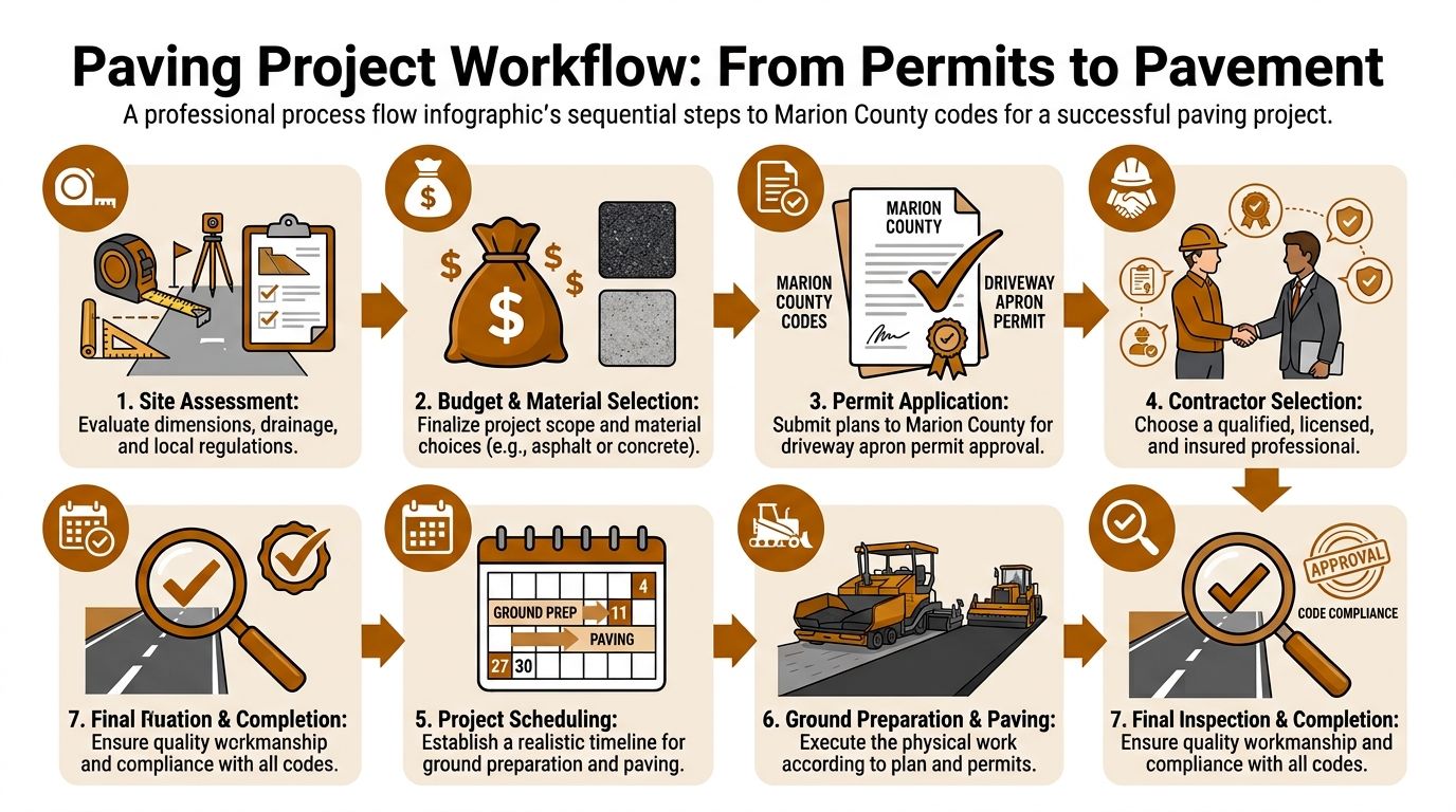 An infographic detailing the eight sequential steps of a professional paving project from site assessment to inspection.