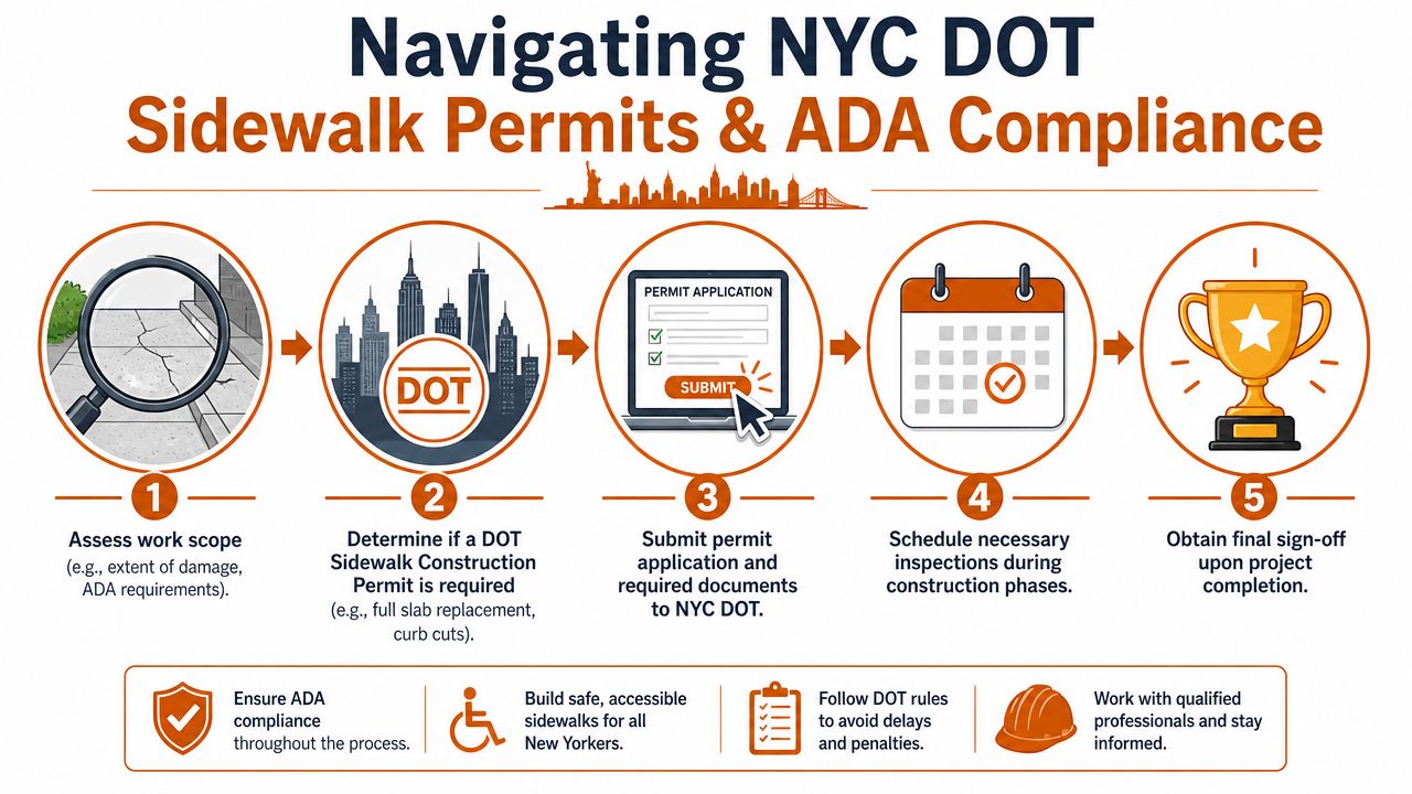 A five-step infographic explaining the process for obtaining NYC DOT sidewalk permits and ensuring ADA compliance.
