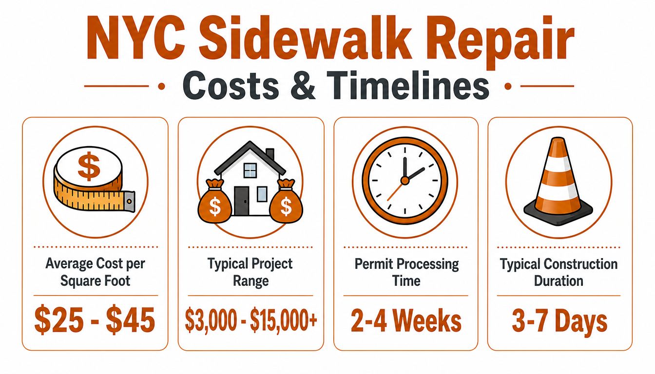 An infographic showing NYC sidewalk repair costs and timelines including pricing, project ranges, and construction duration.