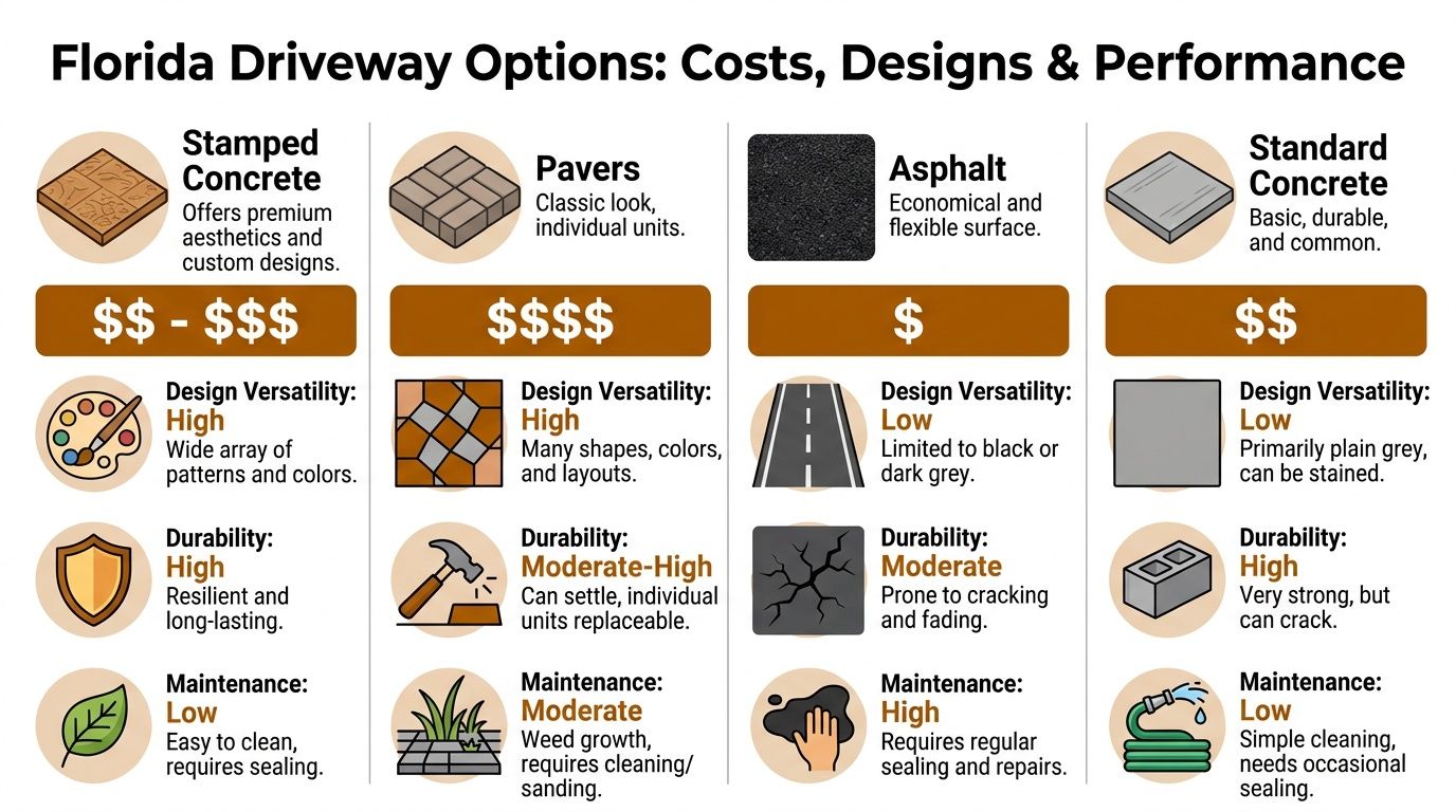 A comparison chart outlining the costs, designs, and performance of four different Florida driveway material options.
