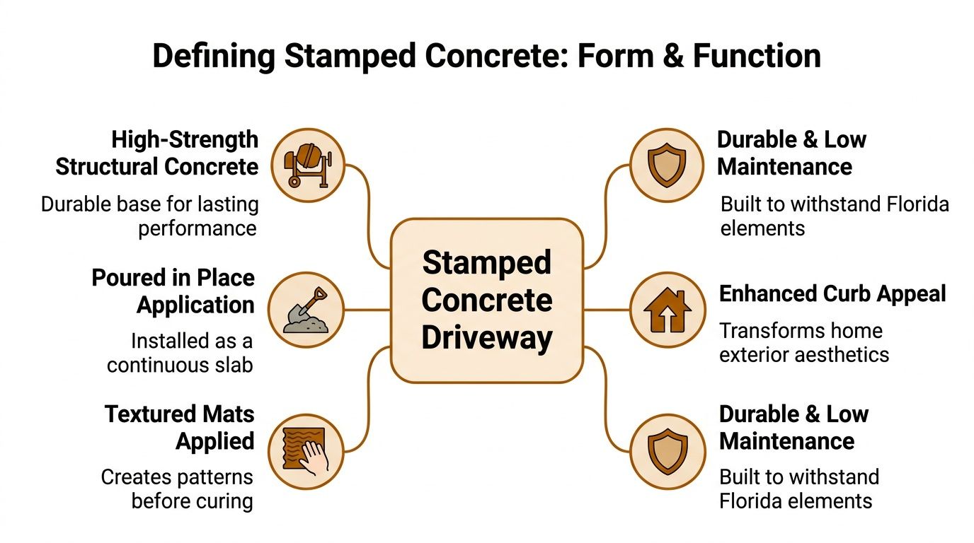 An infographic titled Defining Stamped Concrete showing features of a stamped concrete driveway for homeowners.