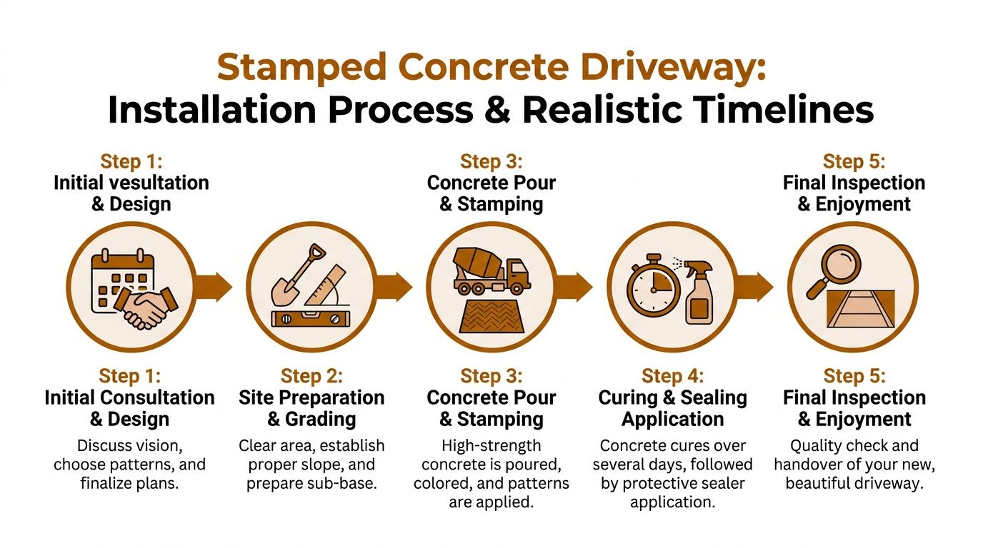 A five-step infographic showing the professional installation process and timeline for a stamped concrete driveway.