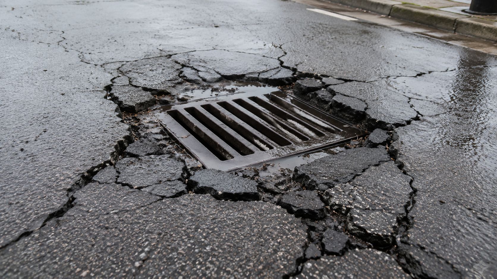 A damaged storm drain surrounded by large cracks and crumbling asphalt on a wet city street.