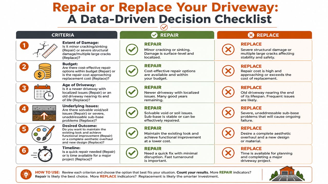 A checklist chart comparing the criteria for choosing whether to repair or replace a residential driveway.