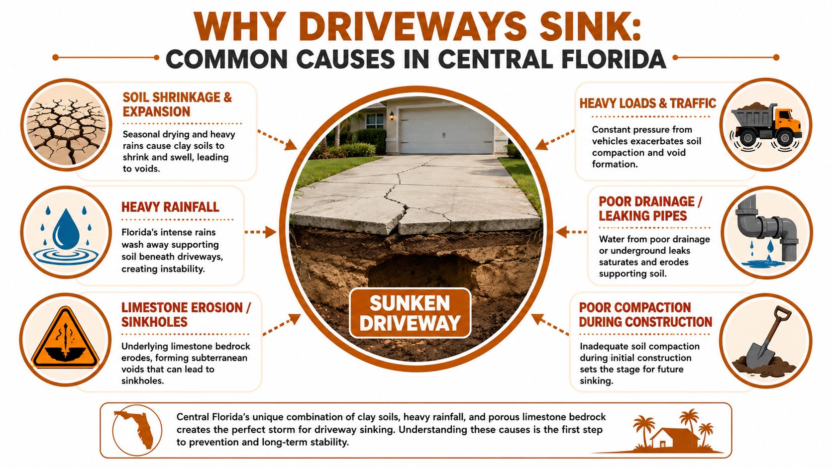 An infographic detailing common causes for sunken driveways in Central Florida, including soil issues and erosion.