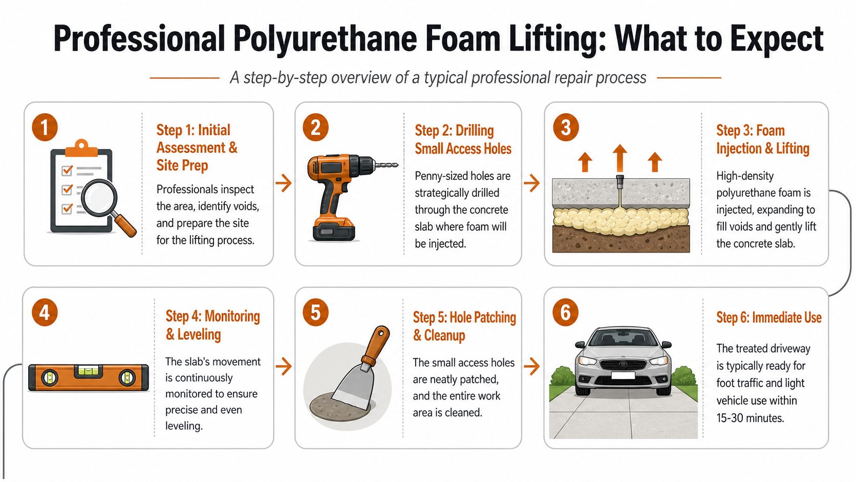 A step-by-step infographic illustrating the professional process for polyurethane foam sunken driveway repair and slab leveling.