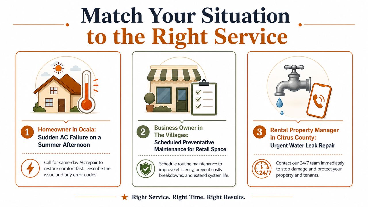 A service infographic showing matching customer situations with professional repair and maintenance solutions for home and business.