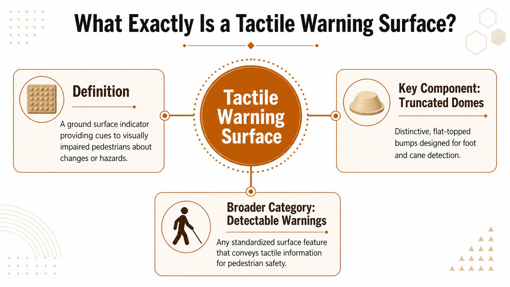 An infographic explaining tactile warning surfaces, their definition, key truncated dome components, and broader detectable warning category.