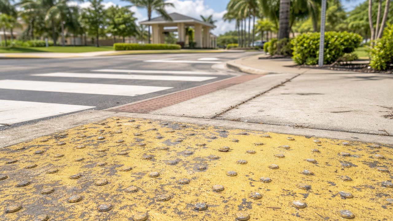 A close-up view of a yellow tactile warning surface located on a sidewalk near a crosswalk.
