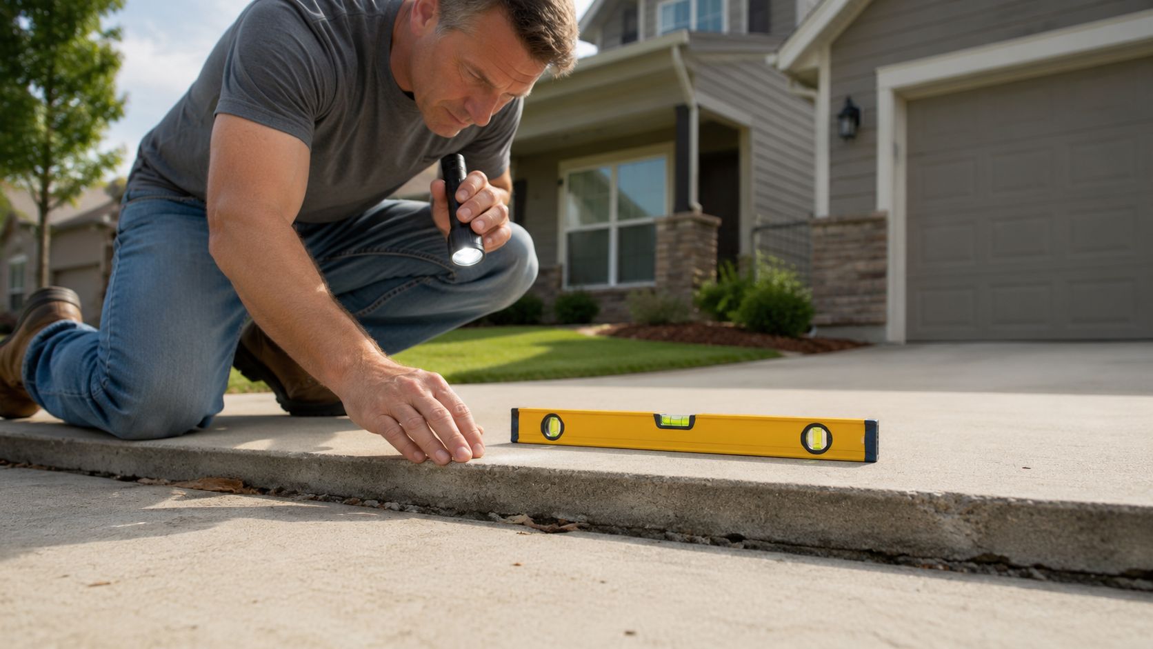 A professional inspector uses a flashlight and a level to examine a concrete trip hazard on a driveway.