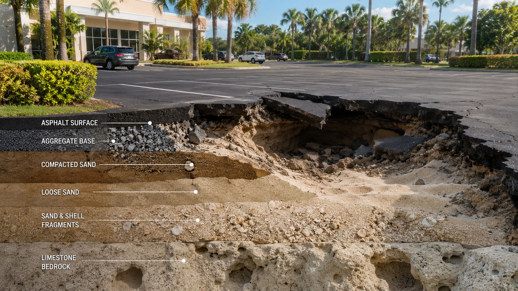 Cross-section diagram of a sinkhole showing the geological soil layers beneath an asphalt parking lot surface.