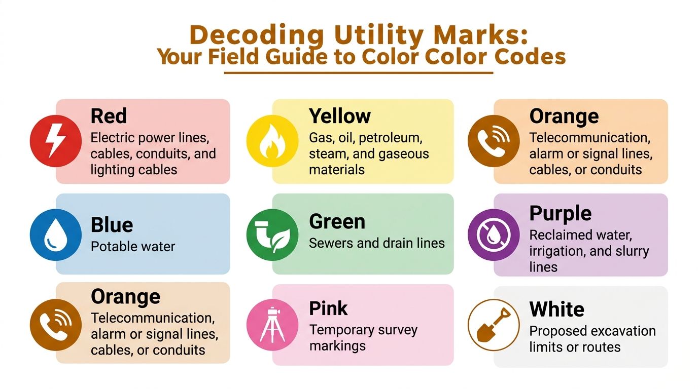 A color-coded guide illustrating standard utility marking colors for underground lines, including electric, gas, water, and sewage.